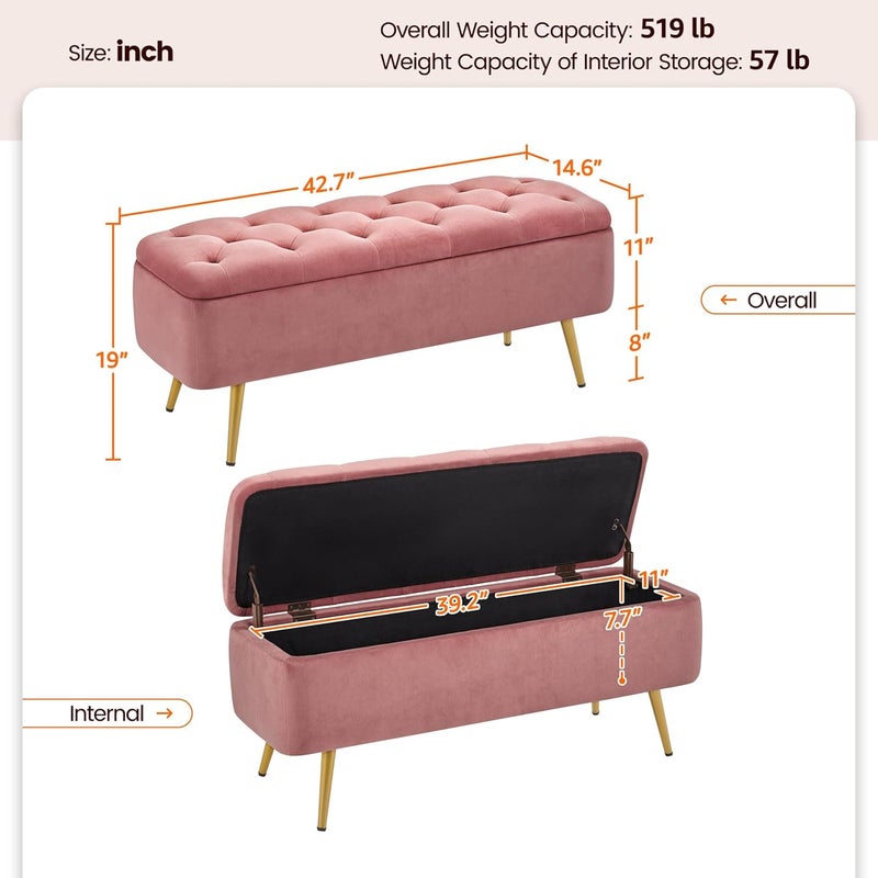Yaheetech Ottoman with Storage, Velvet Entryway Bench with Safety Hinge, Upholstered Bench with Seating for Bedroom, Living Room, Holds up to 519 lb, Pink - Image 3